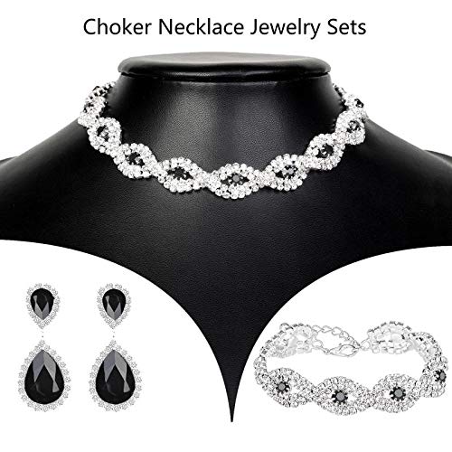 [Australia] - M MIRACULOUS GARDEN 2-4 Pack Rhinestone Crystal Choker Necklace Tiara Crown Link Bracelet Teardrop Dangle Earrings Jewelry Sets for Women Girls Silver:Bracelet+Choker Necklace+Earrings set 