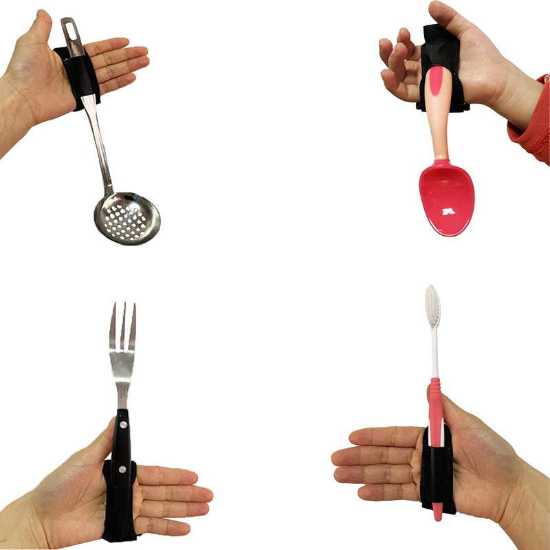[Australia] - Adaptive Aid Elastic Utensil Cuff Holder Strap 2 Pieces Adjustable Eating Assistance Hand Strips for Kids and Elderly Tremor Patients with Limited Mobility – Black (1.2 inches) 