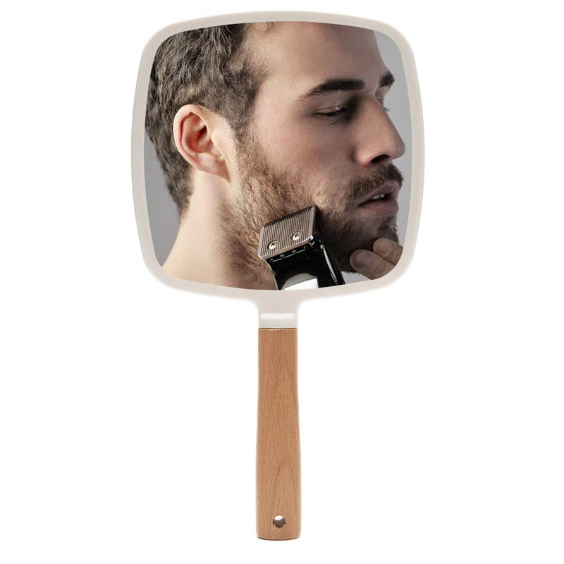 [Australia] - YEAKE Hand Held Mirror with Handle for Makeup,Small Cute Wood Hand Mirror for Shaving with Hole Hanging Single-Sided Portable Travel Vanity Mirror for Men&Women(Square) Small(1-Sided Square White) White + Wood 