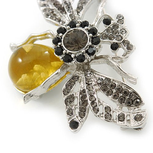 [Australia] - Avalaya Art Deco Bumble-Bee Dim Grey Crytal Brooch in Silver Tone - 55mm Across 