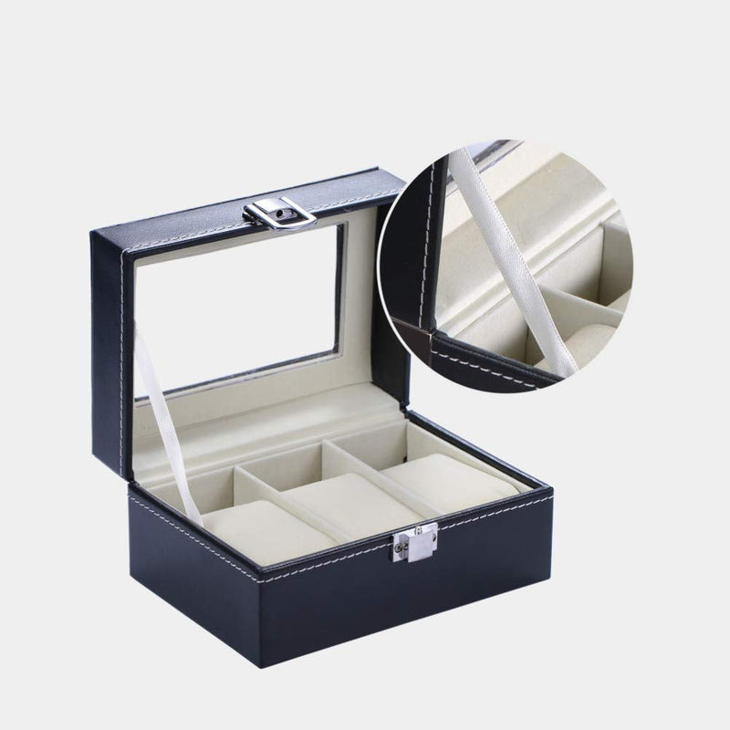 [Australia] - HOUSWEETY Watch Box Small 3 Slot Mens Black Leather Display Glass Top Jewelry Case Organizer Watch Storage Case Jewelry Box 3 Lattice 