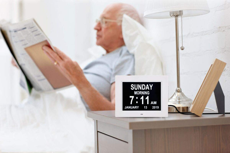 [Australia] - TMC Digital Day Calendar Clocks Extra Large Non-Abbreviated Day&Month.Perfect for Seniors + Impaired Vision Dementia (White,8-inch) White 