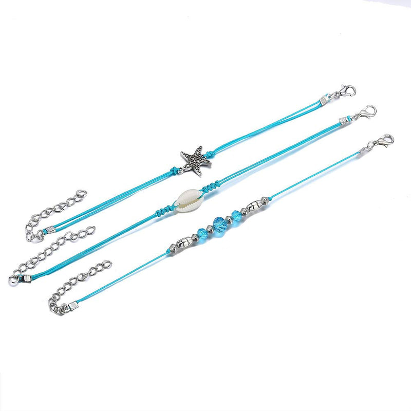 [Australia] - ZEKUI 3pcs Starfish Shell Simple Bracelet Blue Beads Beach Anklet Hand-knitted barefoot jewelry Accessories Men and women fashion Foot jewelry Bohemian 