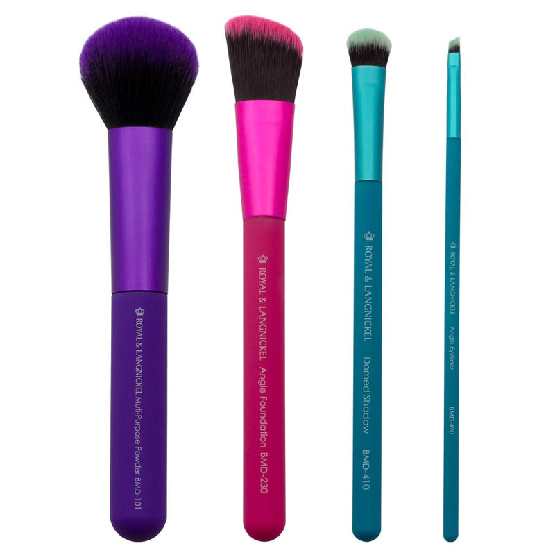 [Australia] - MODA Full Size Complete 5pc Makeup Brush Set with Pouch, Includes - Multi-Purpose Powder, Angle Foundation, Domed Shadow, and Angle Liner Brushes, Multicolor 