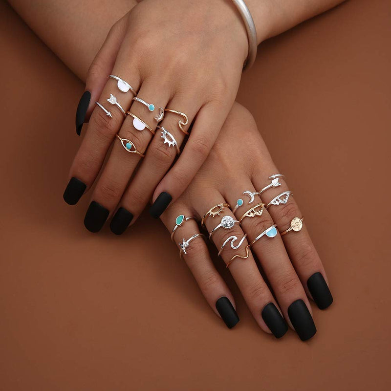 [Australia] - FUTIMELY Boho Retro Stackable Rings Sets for Teen Girls Women,Peak Sea Wave Compass Turquoise Rhinestone Knuckle Joint Finger Kunckle Nail Ring Sets GOLD 