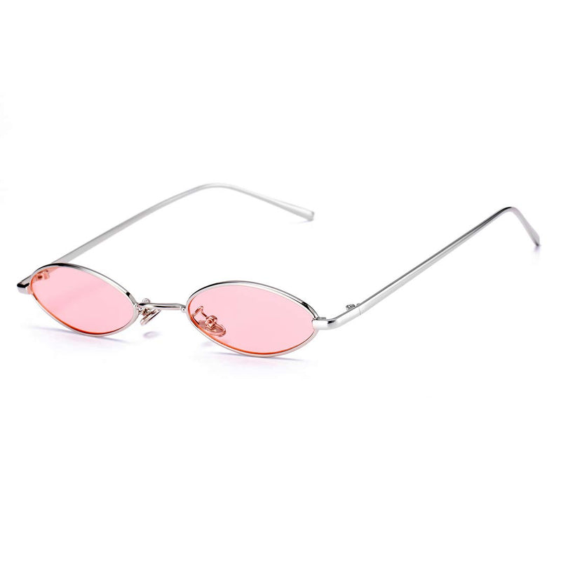 [Australia] - Vintage Small Oval Sunglasses for Women Men Hippie Cool Metal Frame Sun Glasses A7 Silver Frame/Pink Lens 50 Millimeters 