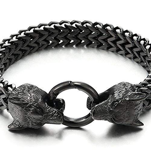 [Australia] - COOLSTEELANDBEYOND Biker Mens Stainless Steel Wolf Head Franco Link Curb Chain Bracelet with Spring Ring Clasp 8.7 Inch Black Color 