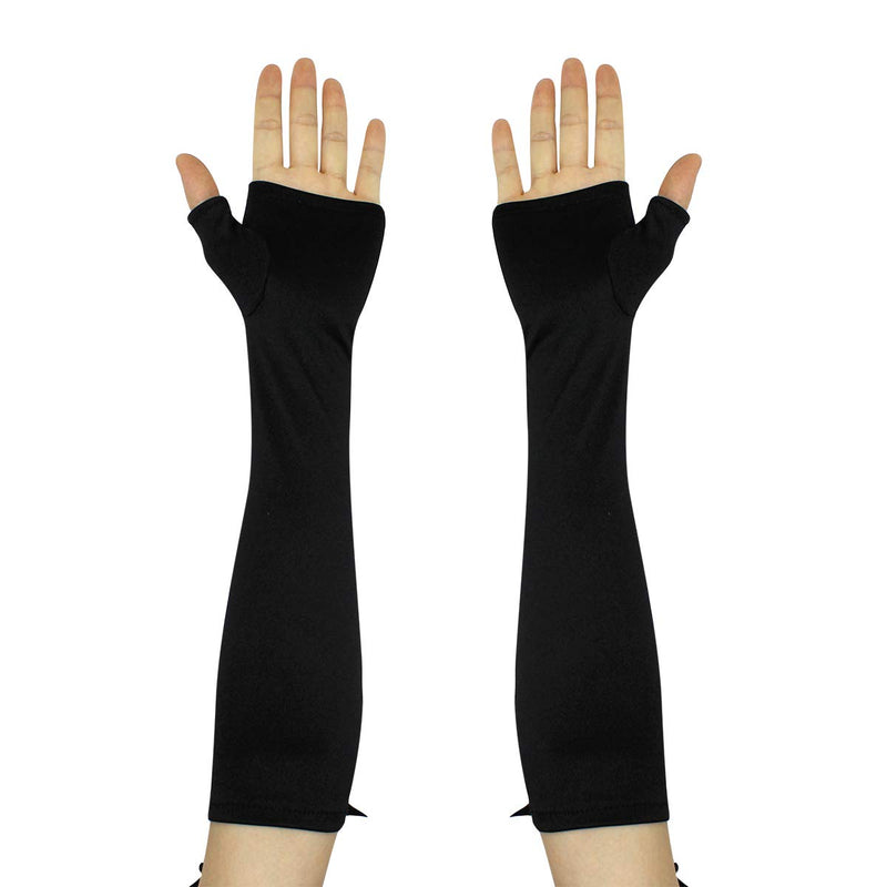 [Australia] - RARITYUS Women Lace Up Fingerless Long Elbow Gloves Costume Party Arm Warmer for Wedding Engagement Black Satin 