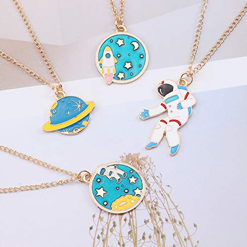 [Australia] - 4PCS One Set Blue White Astronaut Spaceman 18K Gold Plated Round Universe Rocket Charm Pendant Necklace 