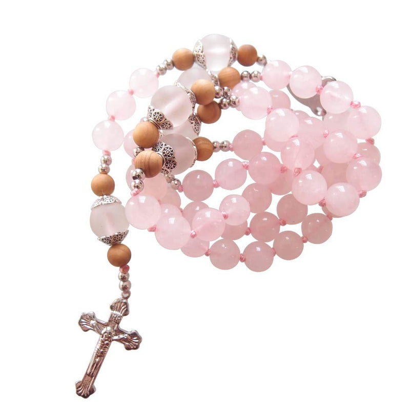 [Australia] - Sundysh Rosary Beads Catholic Necklace for Women Girls, Pink Crystal Wood Prayer Rosaries Chain, 5 Decades Steel Crucifix Cross Christian Jewelry Gift 