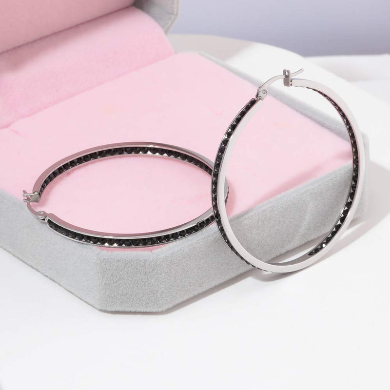 [Australia] - CiNily Mult-colors Crystal Stainless Steel Hoop Earring for Women Hypoallergenic Jewelry for Sensitive Ears Large Big Hoop Earrings 2" Black 
