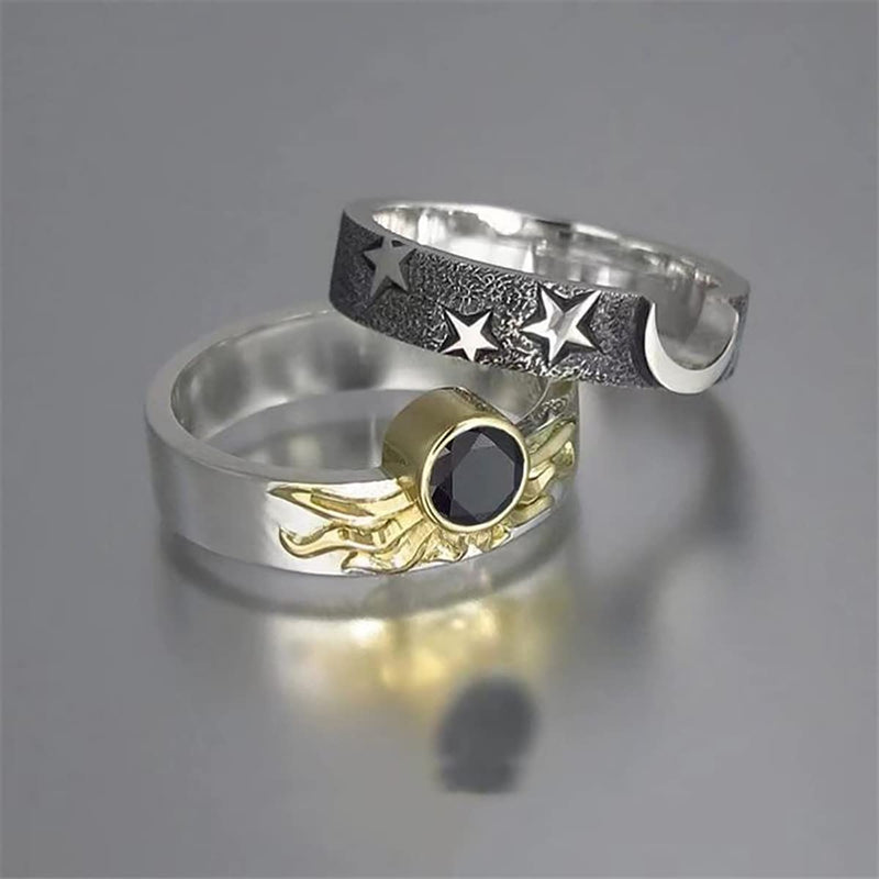 [Australia] - INENIMARTJ 2Pcs Vintage Moon Star Sun Statement Ring for Women Men Sun Moon Matching Couple Rings Set Engagement Rings Boho Promise Rings Punk Crystal Ring 6 