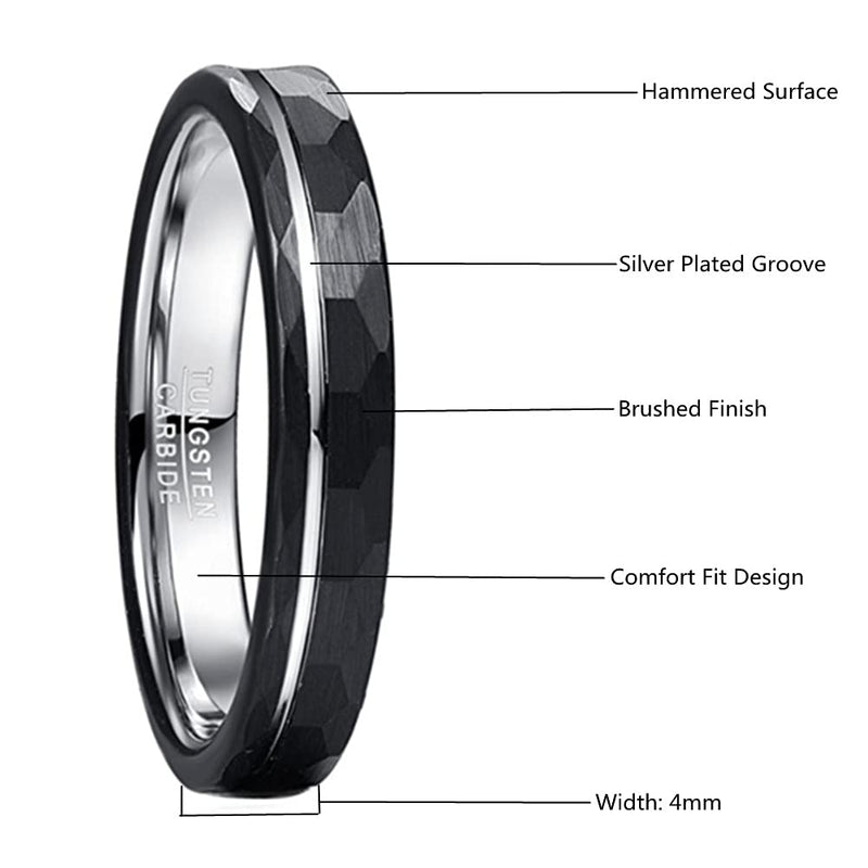 [Australia] - Corato 4mm Black Hammered Brushed Finish Tungsten Carbide Wedding Band Ring with Silver Grooved Comfort Fit Size 5-12 