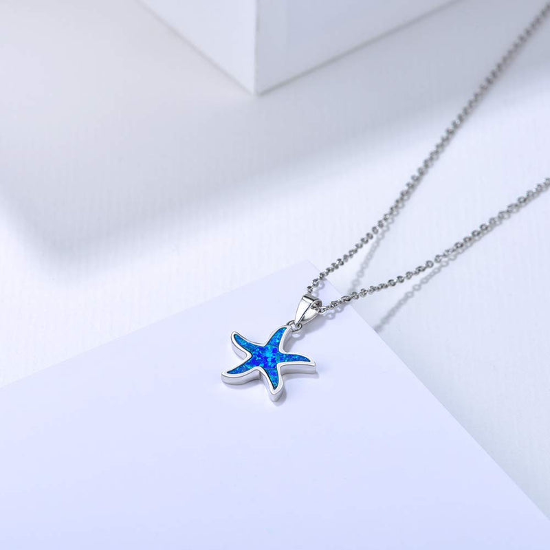 [Australia] - FANCIME October Birthstone Ocean Collection 925 Sterling Silver Cute Dolphin/Seahorse/Starfish Blue Created Opal Pendant Necklace Mother's Day Gifts Jewelry for Women Girls 18" Seafish 