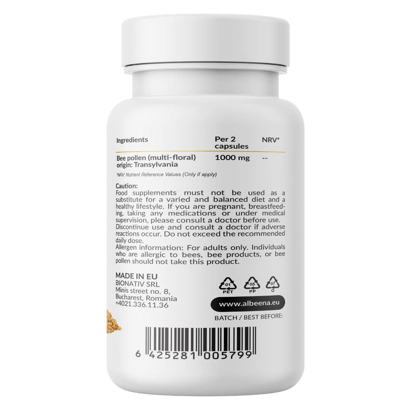 [Australia] - ALBEENA BEE Pollen Capsules | Natural Bee Pollen Powder from Transylvania | Hayfever Allergy Relief | 60 Vegetable Capsules | Immunity Booster Supplement 