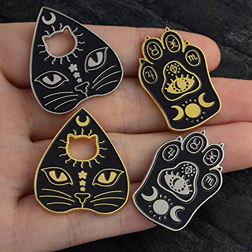 [Australia] - 2 Pcs/Set Gothic Black Cat Pet Paw Brooch Enamel Witch Magic Cat Mystical Footprints Triple Moon Star Goddess Brooches Pin Sets Badges for Women Jewelry Silver 