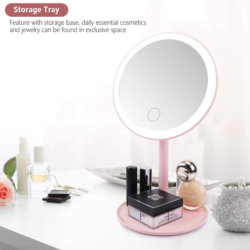 [Australia] - Sanwsmo LED Makeup Mirror Vanity Mirror with Lights,3 Color Lighting Modes,5X Magnification,Touch Screen Switch,90 Degree Rotation,Portable Detachable Countertop Circle Tabletop Desk Face Mirror（Pink） 