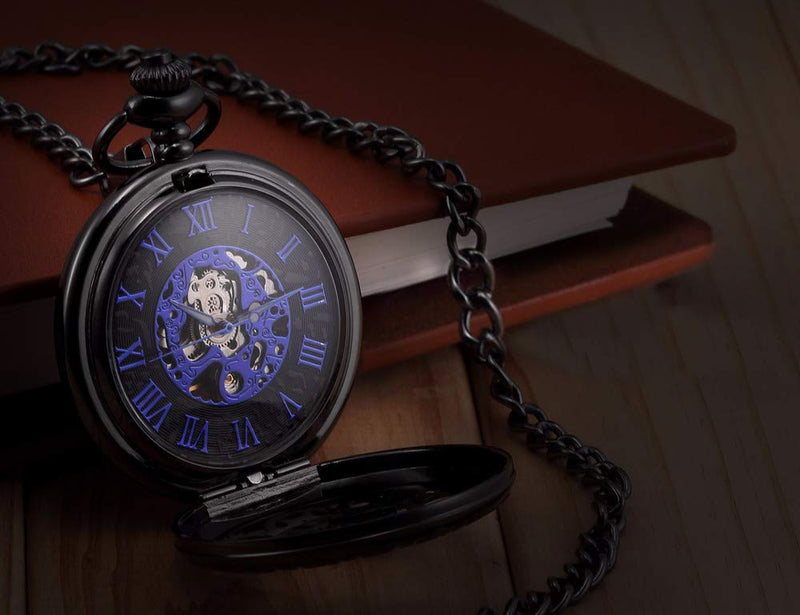 [Australia] - LYMFHCH Steampunk Blue Hands Scale Mechanical Skeleton Pocket Watch with Chain Mens Womens Watch Christmas Graduation Birthday Gifts Fathers Day Black 