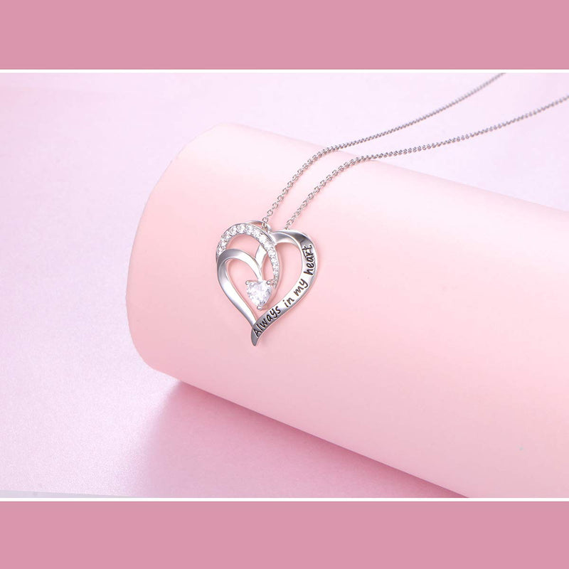 [Australia] - 925 Sterling Silver Jewelry Engraved Cubic Zirconia Pendant Necklace for Women Girls Mom Wife Birthday Gift Love Heart Necklaces always in my heart 