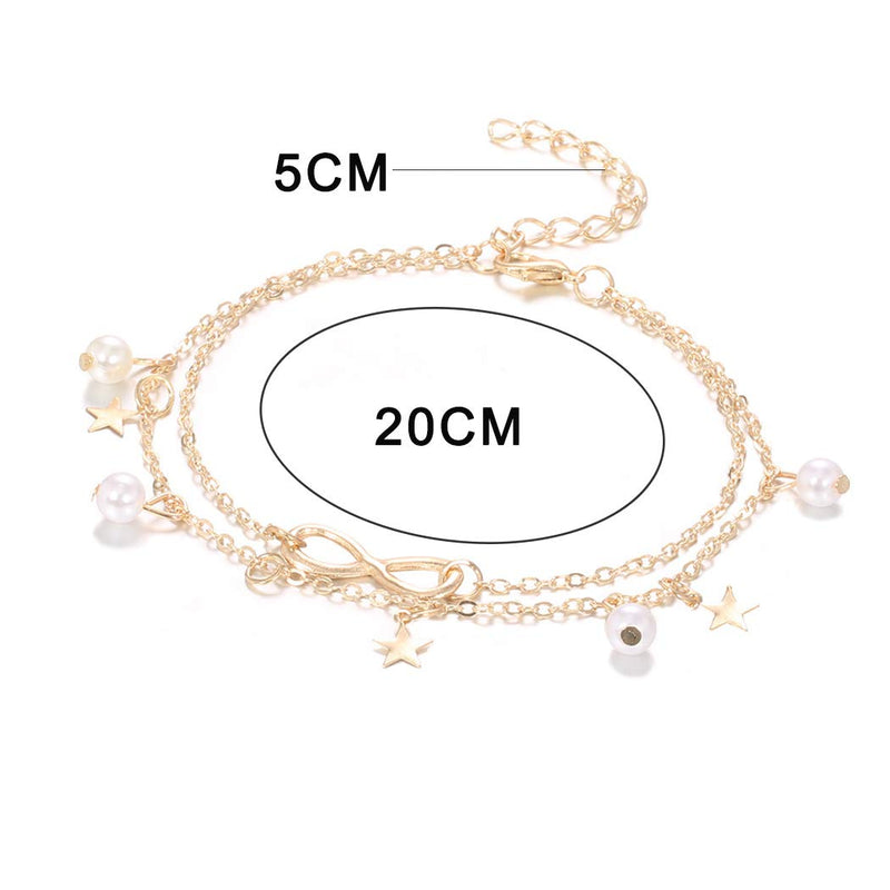 [Australia] - Ludress Boho Layered Anklets Gold Star Ankle Chain Pearl Ankle Bracelet Tassel Foot Chain Jewelry Accessories for Women and Girls 