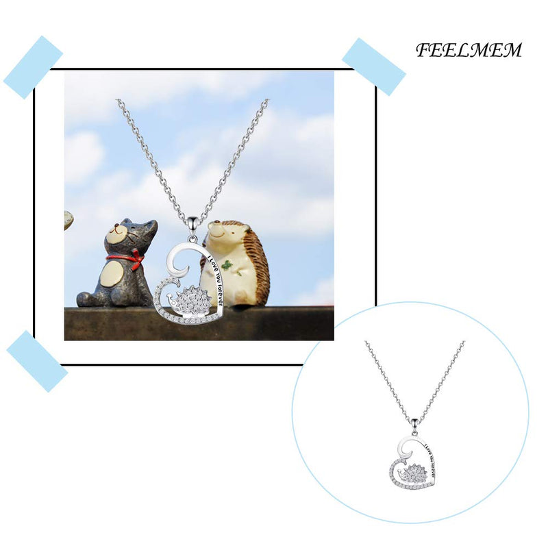 [Australia] - FEELMEM Hedgehog Necklace Cute Animal I Love You Forever CZ Hedgehog Love Heart Pendant Necklace Gift for Women Girls Hedgehog Lover Gift silver 