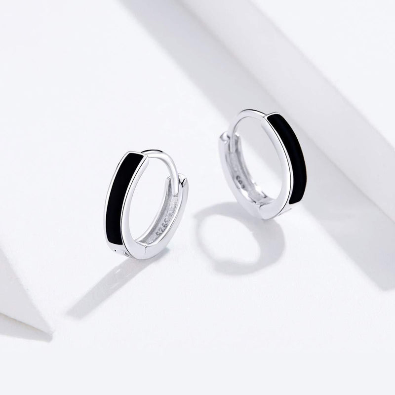 [Australia] - Deyanse Silver Hoop Earrings for Women, 925 Sterling Silver Hoop Earrings with Black Crystal, 13mm Small Sleeper Earrings, Allergy Free Round Circle Huggie Hinged Unisex Earrings, Gift for Men Girls 
