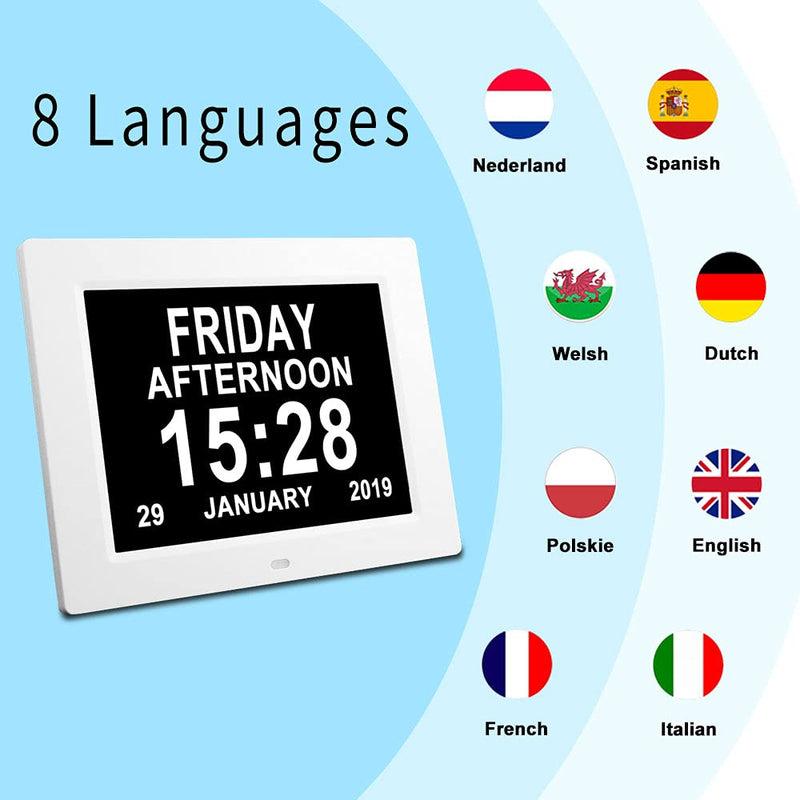 [Australia] - Johnziny 【2022 Newest Version】 Digital Day Calendar Clock- 8 Alarms,Dementia Clocks Display Non-Abbreviated Date Day Time Month, Vision Impaired Clock for Seniors Memory Loss Alzheimer 8" White 