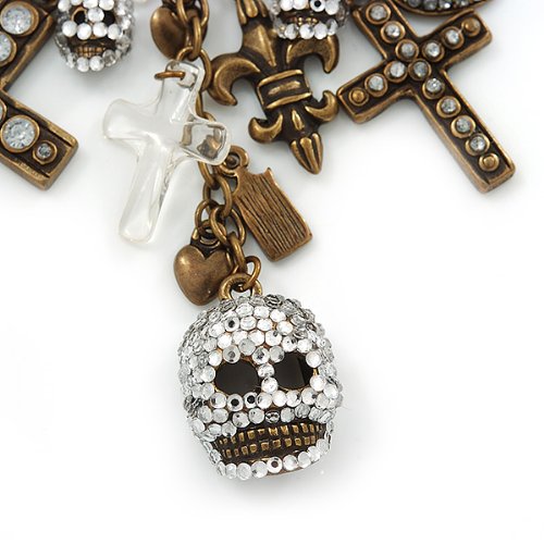 [Australia] - Avalaya 'Crosses, Hearts & Skulls' Charm Safety Pin Brooch in Bronze Finish Metal - 