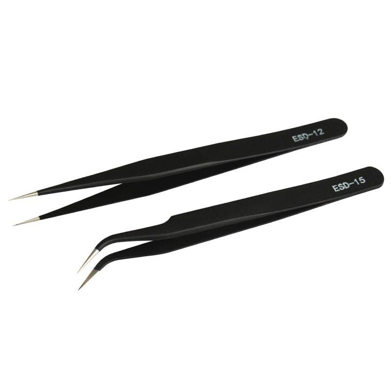[Australia] - ESDELES 2 Pcs Tweezers Stainless Steel Kit Straight Pointer Curved Pointed Tip Tweezers Pro Precision Tweezers set for Eyelash Extensions Electronics Nail Sticker DIY with Recloseable Tube (Black) Black 