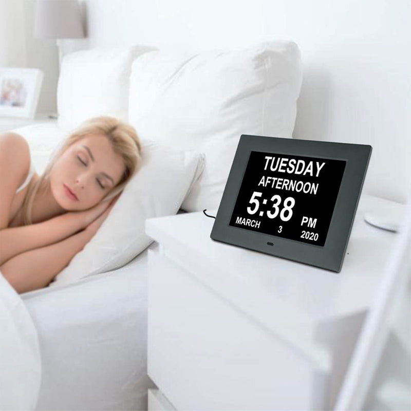 [Australia] - 2022 Upgrade 8 Inch Digital Day Calendar Clock -8 Alarm , Auto-Dimming,12/24H, Extra Large Day Date Time of Week, Dementia, Memory Loss,Impaired Vision Clock for Seniors/Elderly, Alzheimer's(Black) 