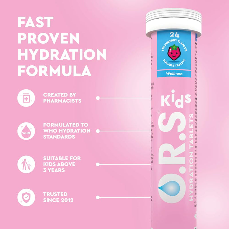[Australia] - O.R.S Hydration Tablets with Electrolytes for Kids, Vegan, Gluten and Lactose Free Formula – with Natural Strawberry Flavour, 24 Tablets 