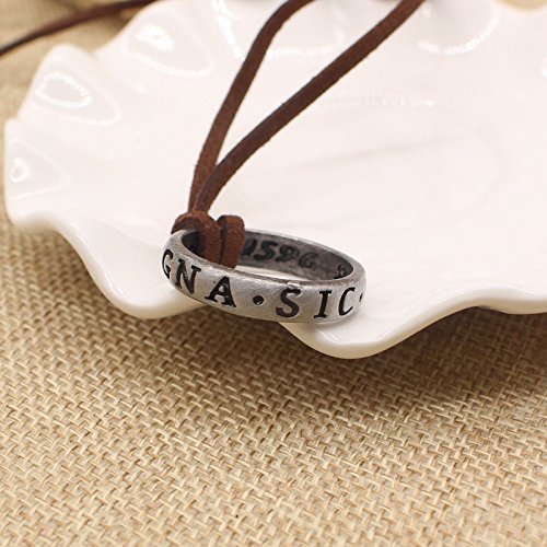 [Australia] - BAEBAE Sterling Silver Plated Uncharted 4 Drake Engraved Ring Pendant Necklace,Brown Leather Chain 