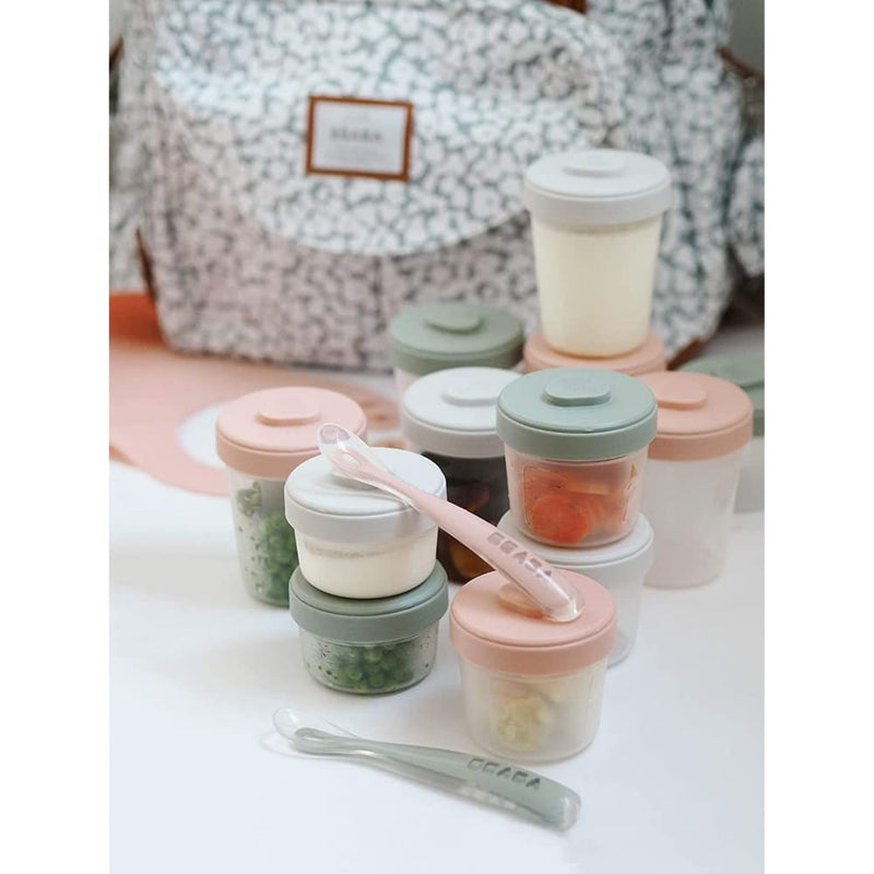 [Australia] - Beaba Set of 12 Storage Pots and 2 Silicone weaning Spoons, Interlocking, Stackable Pots, 100% Airtight, Freezable, Breast Milk, 2x90 ml + 4x150 ml + 6x250ml, Eucalyptus 2 x 90 ml + 4 x 150 ml + 6 x 250ml 