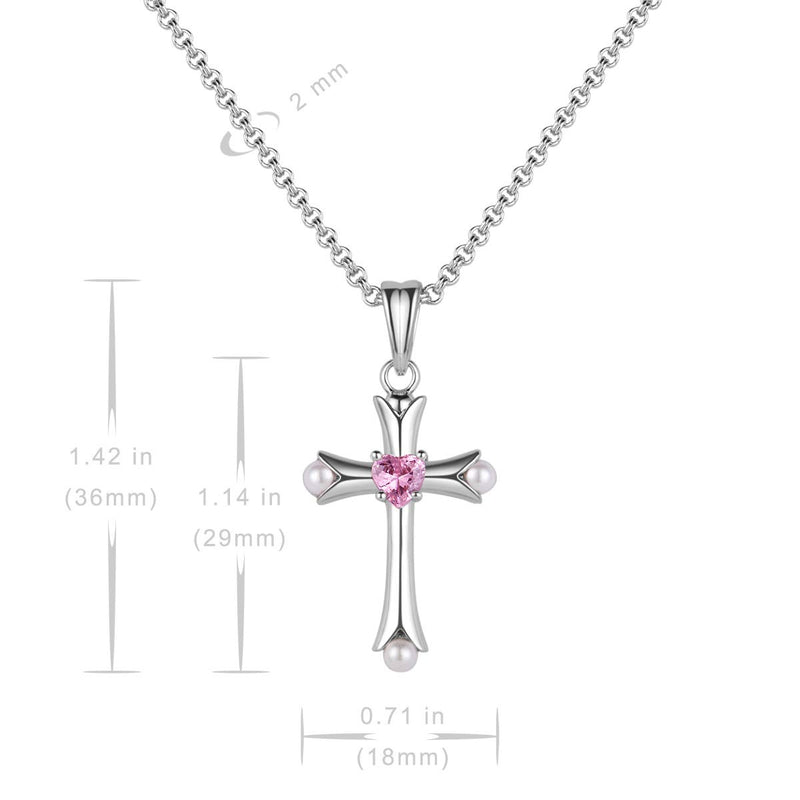 [Australia] - Karseer Heart Charm Birthstone Crystal and White Pearl Cross Pendant Necklace Christian Religious Jewelry for Women and Girls, 16" to 18" Adjustable White Gold / Pink Crystal 