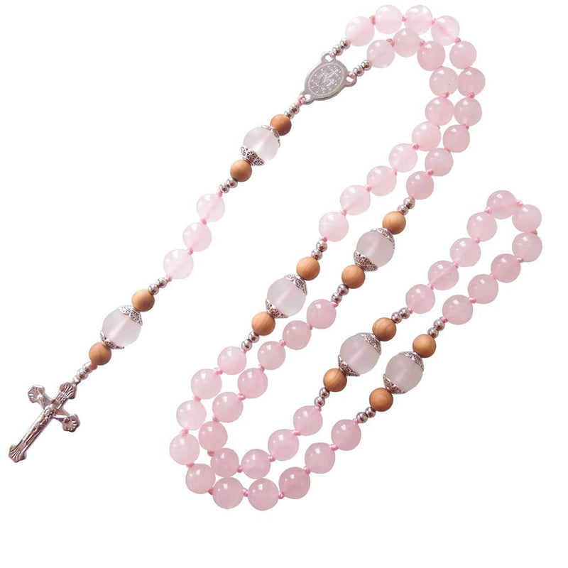 [Australia] - Sundysh Rosary Beads Catholic Necklace for Women Girls, Pink Crystal Wood Prayer Rosaries Chain, 5 Decades Steel Crucifix Cross Christian Jewelry Gift 