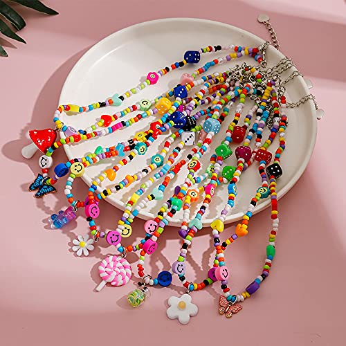 [Australia] - Cute Neckalce Funny Weird Necklace Colorful Beaded Necklace Smile Face Mushroom Lollipops Butterfly Gummy Bear Boba Tea Heart Beaded Necklace Indie Jewelry for Girls Women #10 red flower 