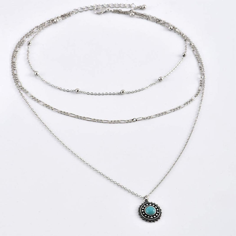 [Australia] - Jozape Boho Layered Necklace Silver Turquoise Pendant Necklace Beaded Necklace Jewelry Chain for Women and Girls 