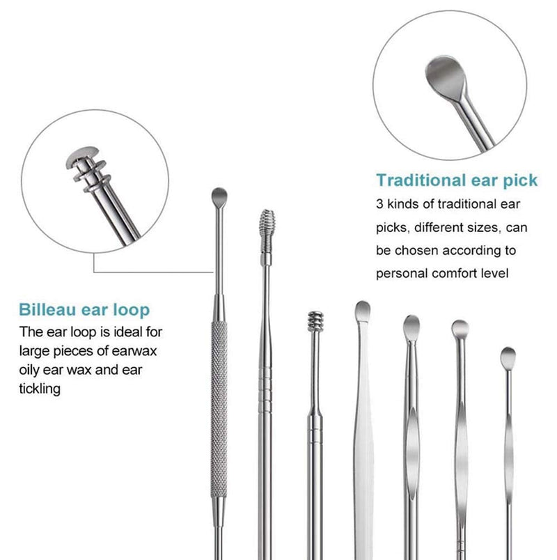 [Australia] - 8 Pcs Ear Pick Earwax Removal Kit, Ear Cleaner Tool Set for Humans Kids Adults, Stainless Steel Ear Curette Digger & Tweezers & Spiral Spring Ear Spoon Set with Cleaning Brush and Storage Box 