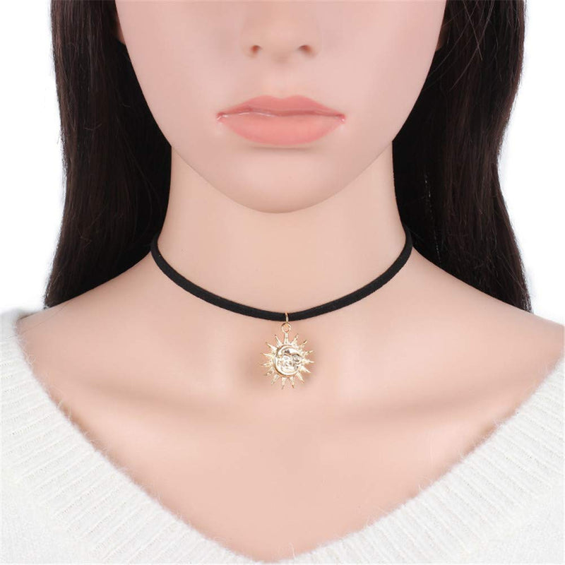 [Australia] - Vintage Sun Moon Star Necklace Choker Black Velvet Flocking Crescent Pentagram Necklace Collar Jewelry for Women Girls 