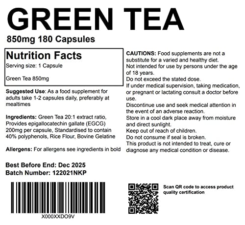 [Australia] - Green Tea Extract 180 Capsules 850mg High Strength Capsules Powerful Antioxidant UK Made. Pharmaceutical Grade 