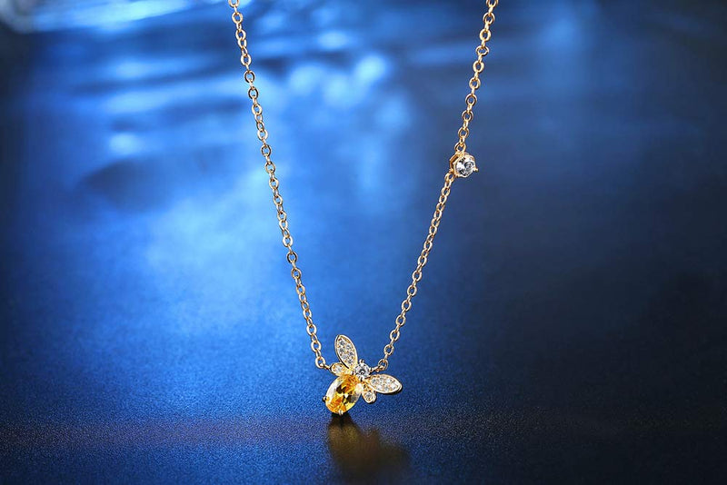 [Australia] - Hypoallergenic 14K Yellow Gold Dainty Cute Amber Lovely Tiny Honey Crystal Cubic Zirconia Bee Pendant Necklace for Women Teen Girls 