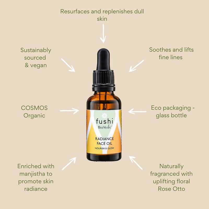 [Australia] - Fushi Biovedic Radiance Face Oil 30ml | Fresh Pressed | Ayurvedic Herb Manjisthta, Kalahari Melon Seed & Raspberry Seed | Best for Dull Skin, Fine Lines & Dry Skin Relief | Manufactured in The UK 