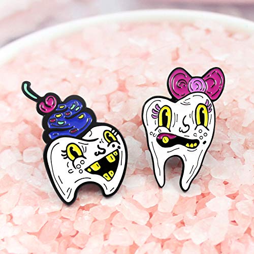 [Australia] - Funny Teeth White Enamel Mr Tooth and Miss Tooth Brooch and Safe Pin 