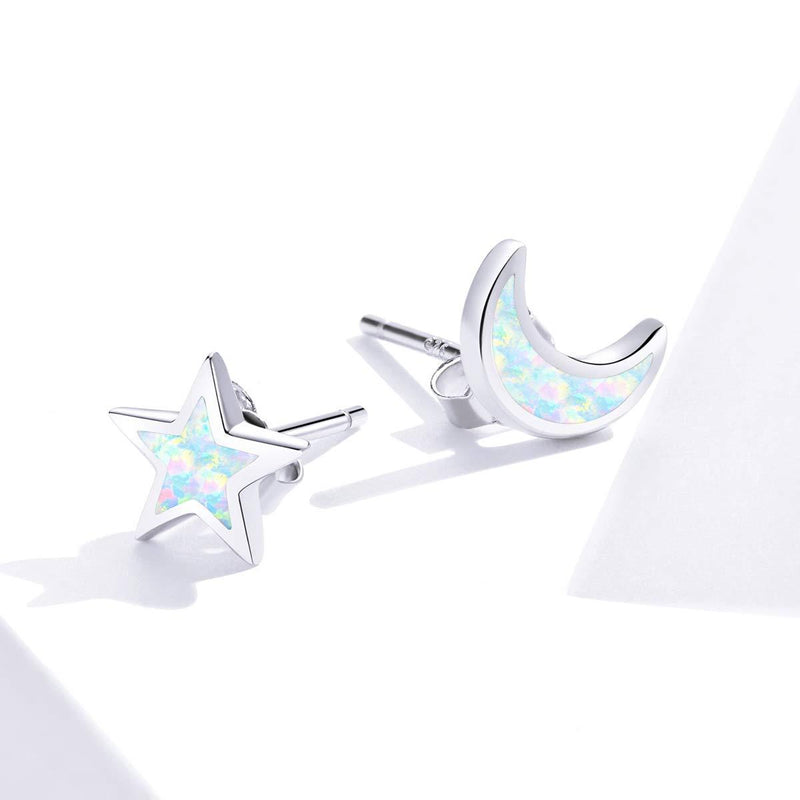[Australia] - Qings Star Moon Moonlight Stud Earrings Sparkle Opal Changeable Color 925 Sterling Silver for Women and Girls 