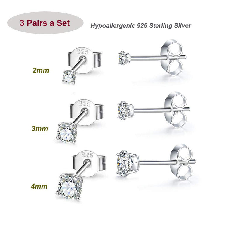 [Australia] - MASOP 2-8mm Sterling Silver Cubic Zirconia Stud Earrings Set Hypoallergenic Tiny Round Ball 14K White Gold Plated Round Cut CZ Simulated Diamond Cartilage Studs for Girls Women Men A# 3Pairs(2/3/4mm) 