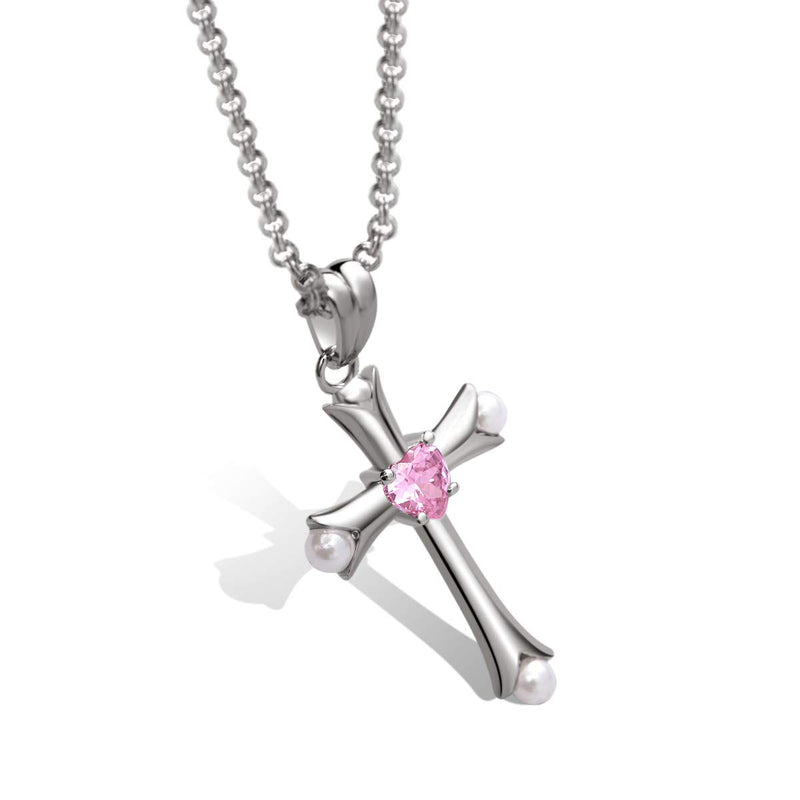 [Australia] - Karseer Heart Charm Birthstone Crystal and White Pearl Cross Pendant Necklace Christian Religious Jewelry for Women and Girls, 16" to 18" Adjustable White Gold / Pink Crystal 