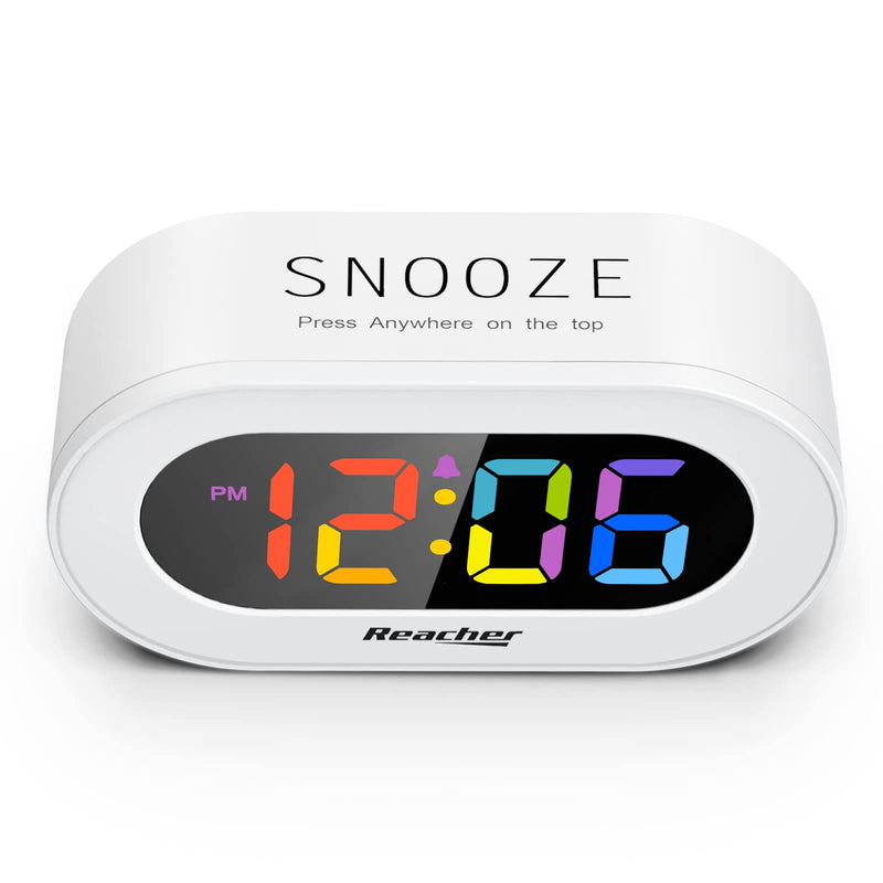 [Australia] - Reacher Small Colorful LED Digital Alarm Clock with Snooze, Simple to Operate, Full Range Brightness Dimmer, Adjustable Alarm Volume, Outlet Powered Compact Clock for Bedrooms, Bedside, Desk, Shelf Colorful Digit 
