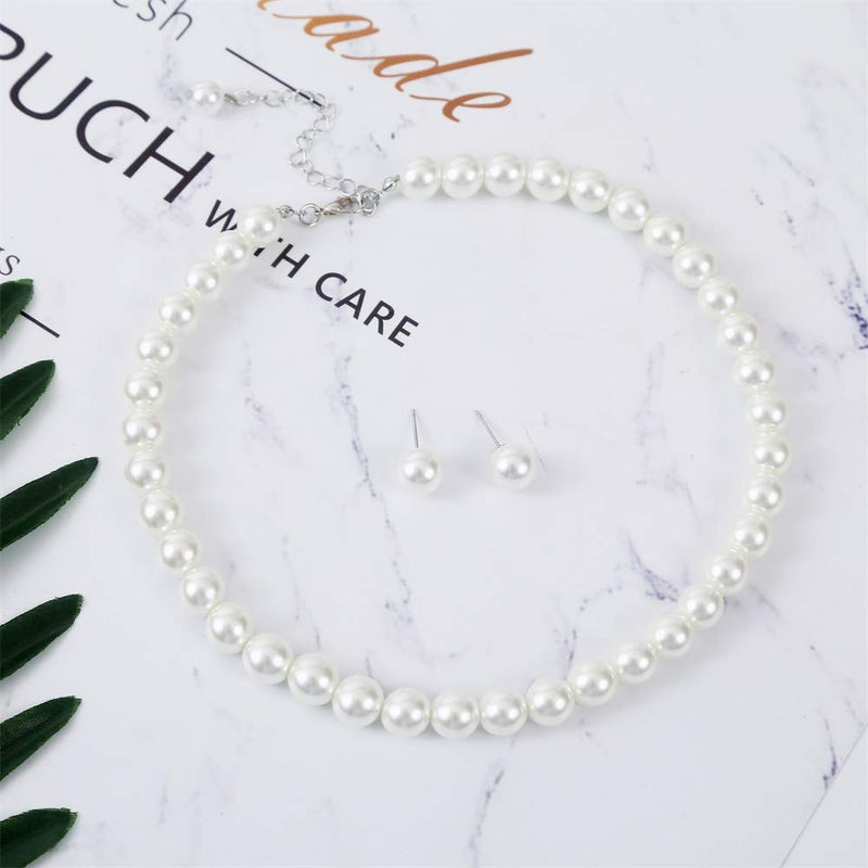 [Australia] - Faux Pearl Necklace Set Strand Pearl Stud Earring for Women Wedding 10mm 