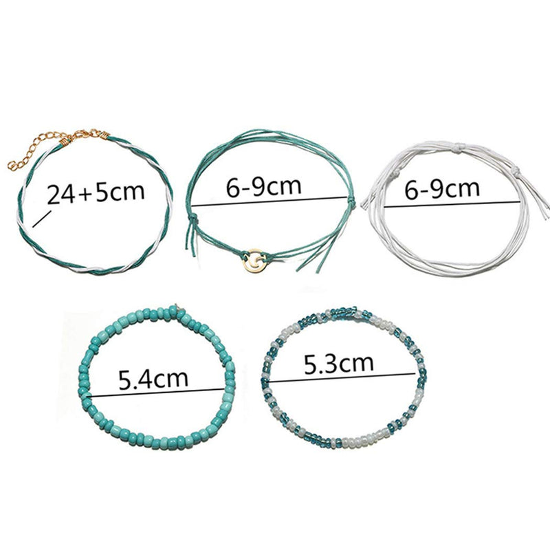 [Australia] - Chicque Bohemian Wave Anklet Set Turquoise Bead Foot Jewelry Woven Ankle Bracelets for Women and Girls 5Pcs 