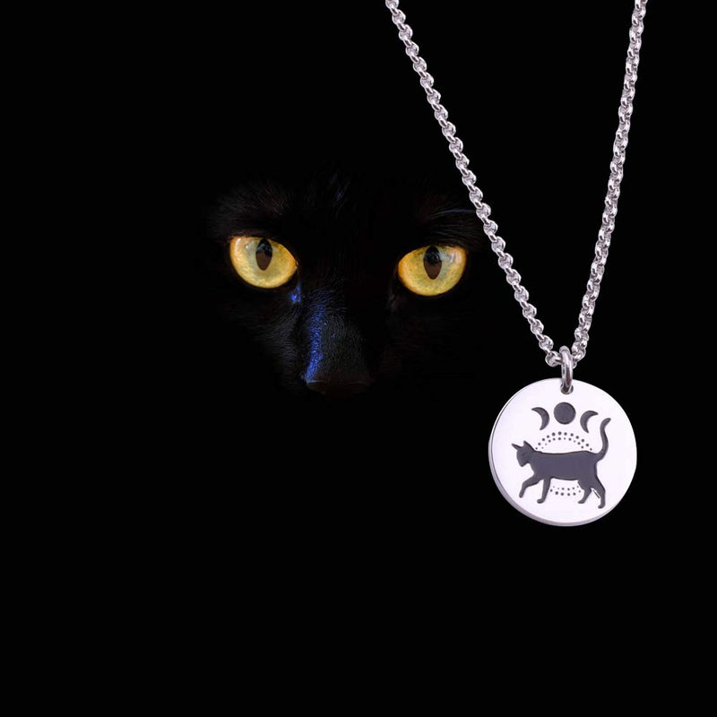 [Australia] - Moon Phase Witchcraft Black Cat Necklace Launar Phase Necklace silver necklace 